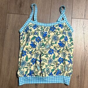 Lands End Womens 8 DD Blouson Tankini Top Blue Floral Gingham Trim Swimwear